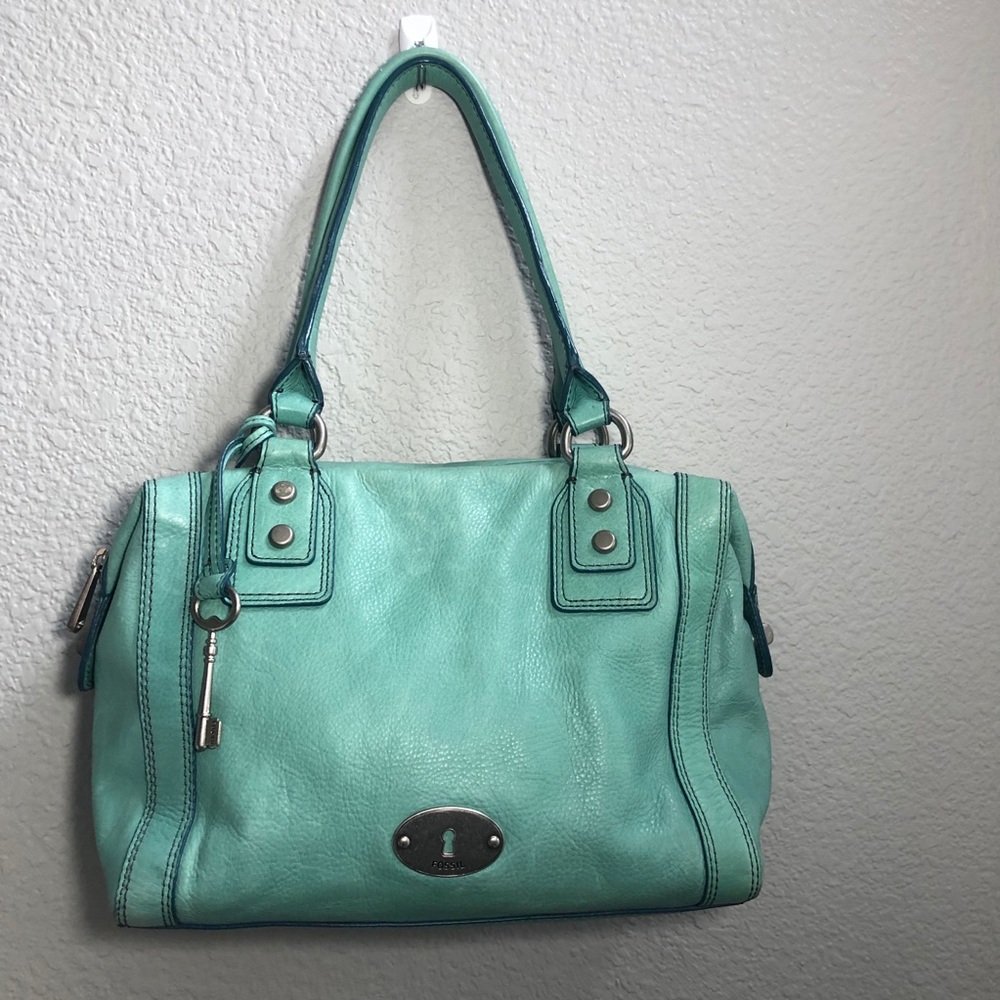 Fossil mint green soft leather satchel hand bag